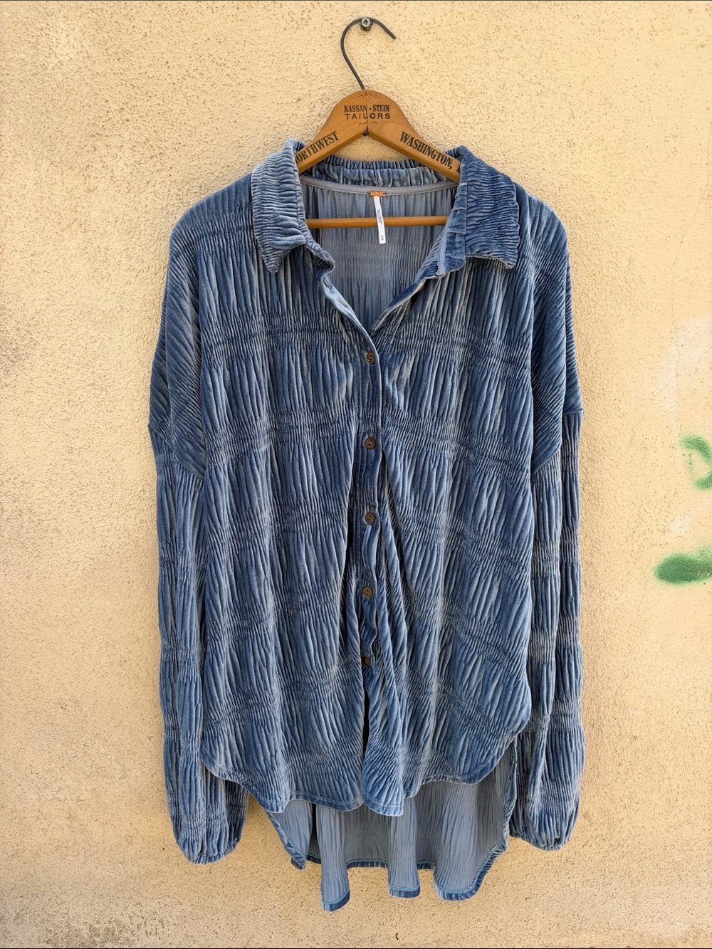 Free People My Best Top- blue Crinkle velvet button blouse
